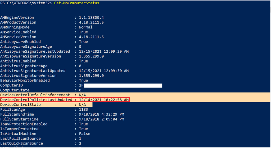 Skærmbillede, der viser status for enhedskontrol i PowerShell.