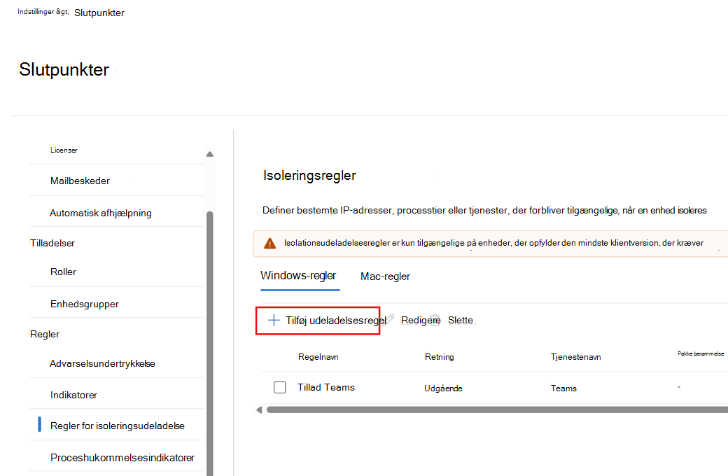 Skærmbillede, der viser, hvordan du tilføjer en ny regel for isolationsudeladelse.