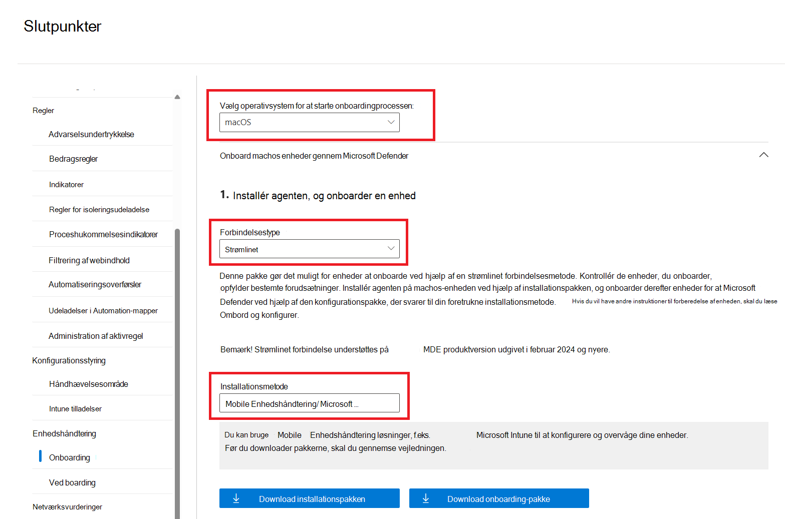 Skærmbillede af siden Onboarding med installationsmetoden Mobile Enhedshåndtering/Microsoft Intune fremhævet.