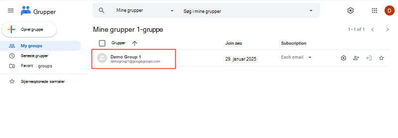 Skærmbillede af fremhævning af den Google-gruppe, der er føjet til listen