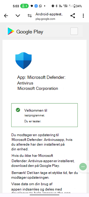 Skærmbillede af en velkomstside til test af det foreløbige build af Microsoft Defender Antivirus