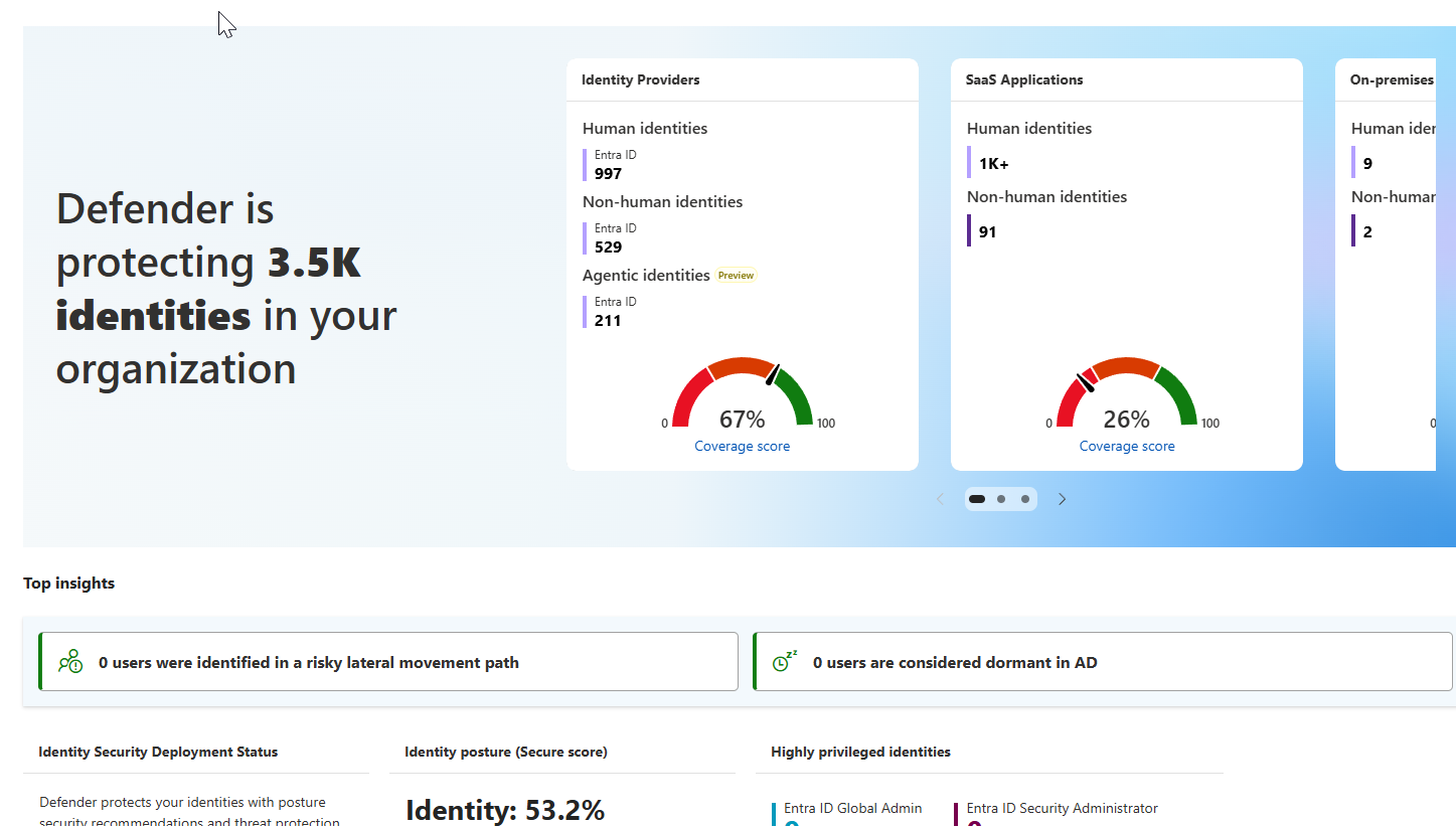 Et skærmbillede, der viser siden Defender Identoty Security Dashboard.
