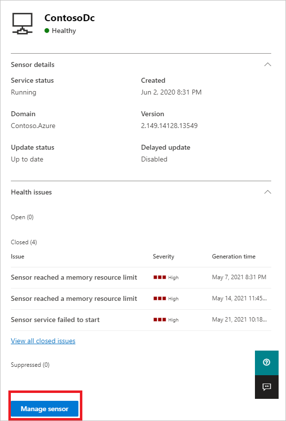 Screenshot of the Manage sensor option.