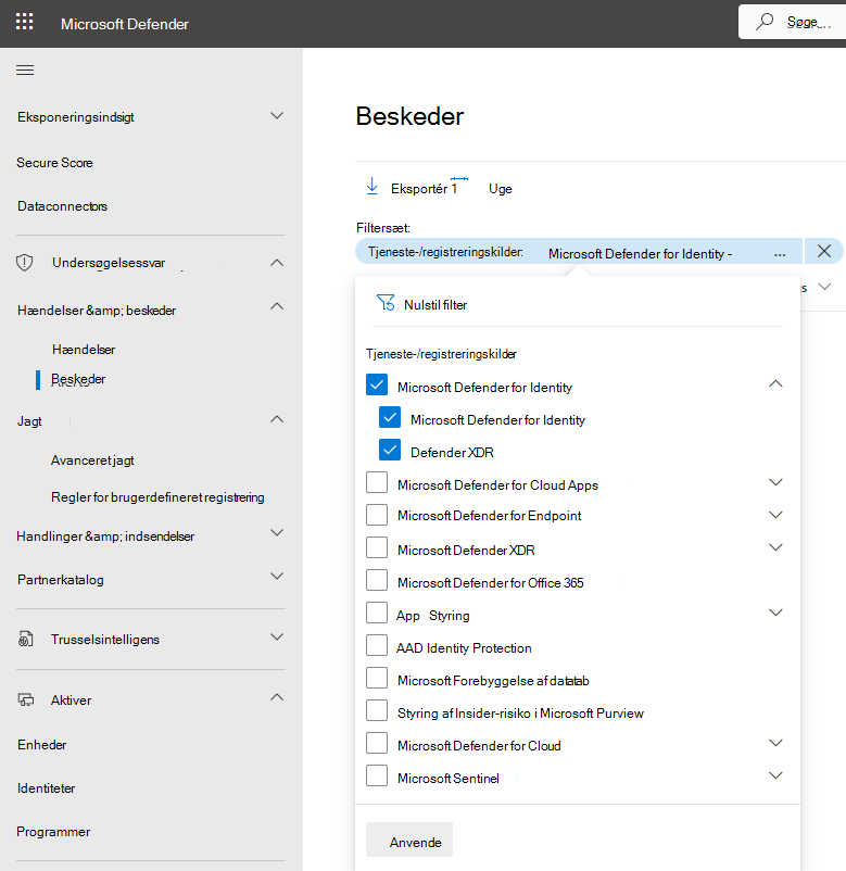 Skærmbillede, der viser menuen til filtrering af beskeder pr. tjeneste.