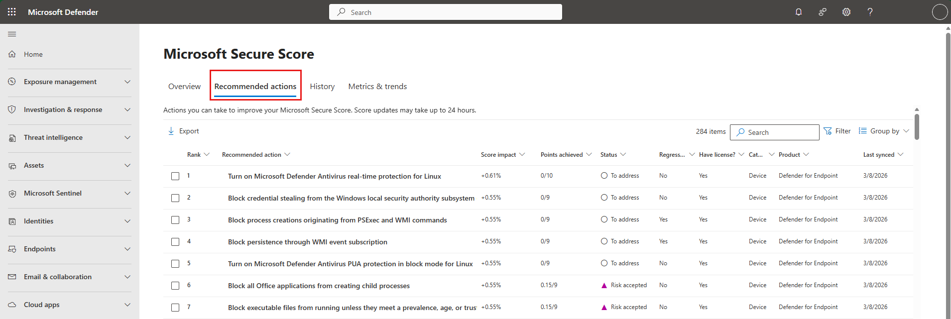 Skærmbillede, der viser fanen Anbefalede handlinger på siden Microsoft Secure Score.