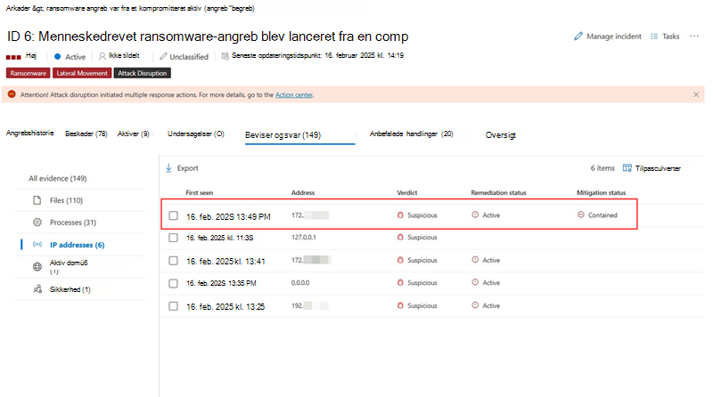 Fremhævning af en indeholdt IP-adresse på fanen Beviser og svar i en hændelse.