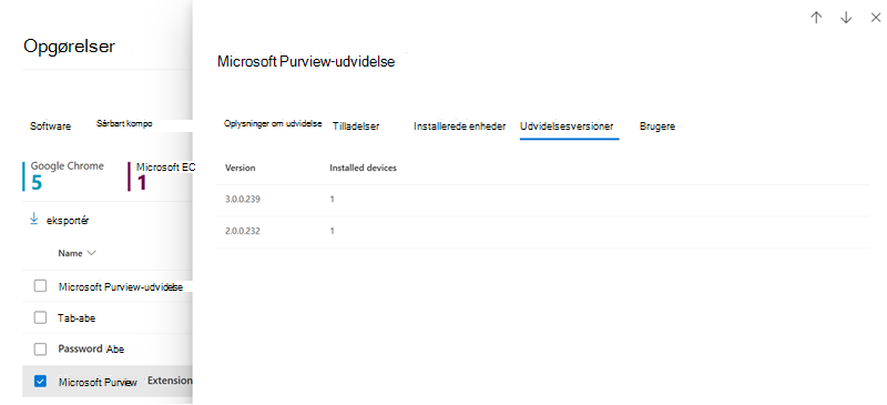 Skærmbillede af fanen Versioner af browserudvidelser