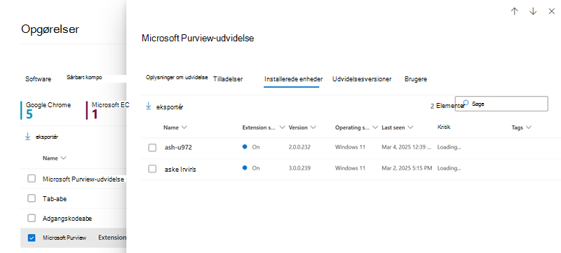Skærmbillede af fanen Browserudvidelser for enheder