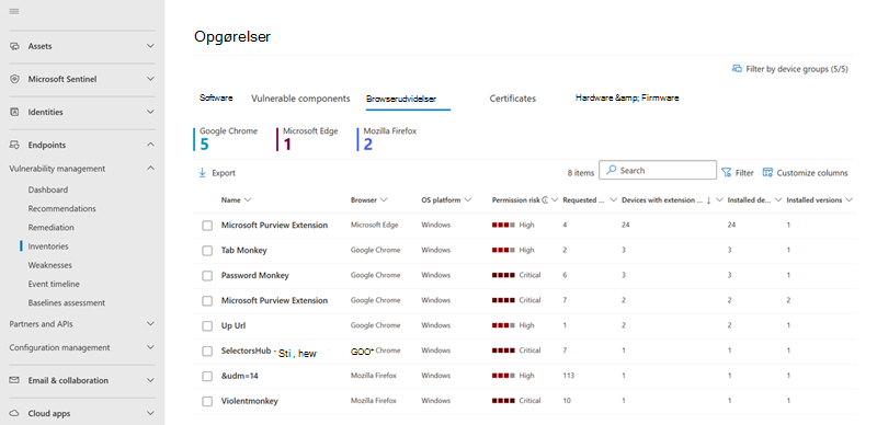 Skærmbillede af fanen Browserudvidelser