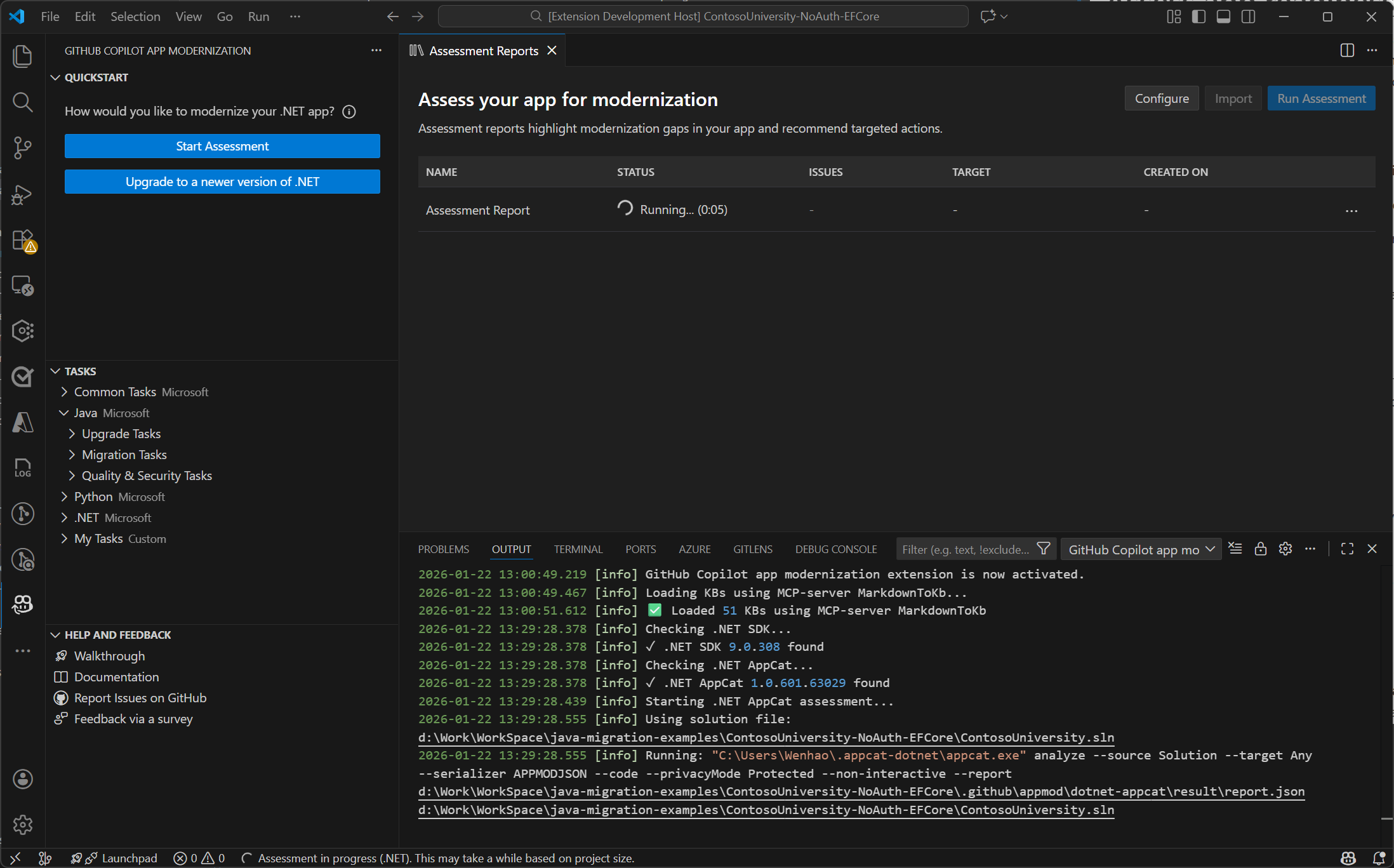Screenshot of run a task analyzing your project for migration readiness.