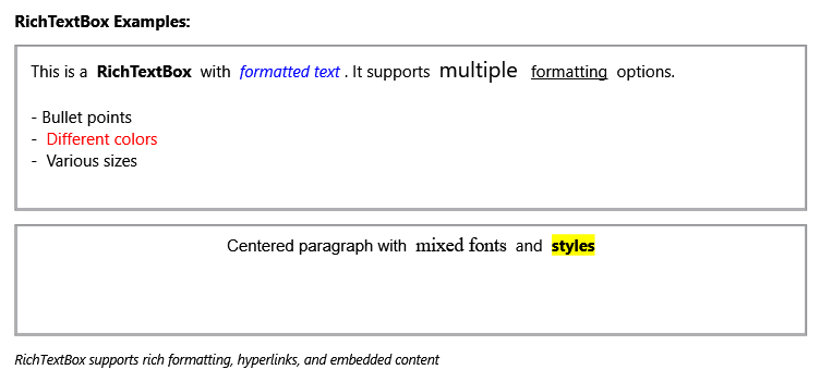 A RichTextBox control showing styled content with different fonts and colors.