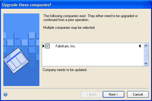 Upgrade these companies? shows screen to specify which companies your want to upgrade.