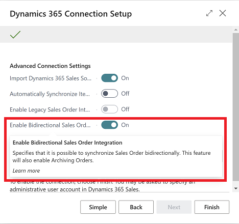 Viser den nye mulighed for Aktiver tovejs salgsordreintegration i Dynamics 365 Connection Setup guide