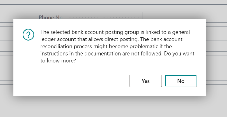 Advarsel hvis du føjer en finanskonto med direkte bogføring tilladt til en bankbogføringsgruppe