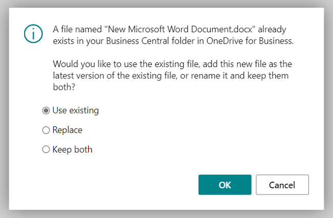 En dialogboks, der angiver de tre valgmuligheder, som er tilgængelige, når filen allerede findes i OneDrive