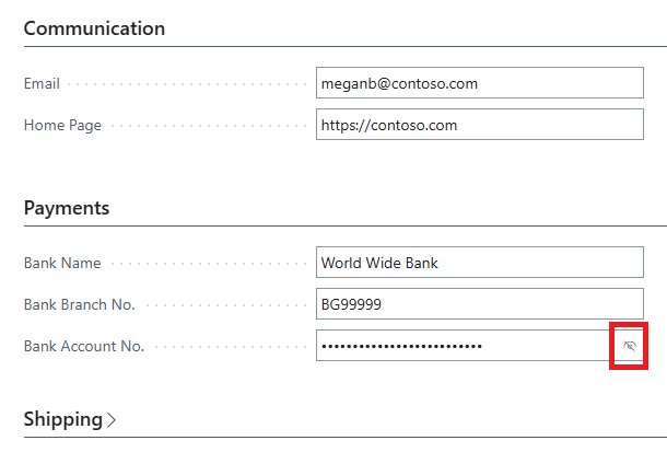 Skærmbillede, der viser en maskeret feltværdi og knappen Vis.