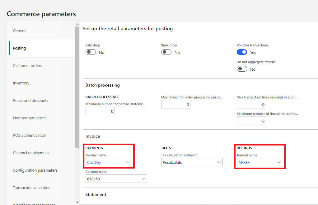 Payment voucher assignment on the Commerce parameters page.