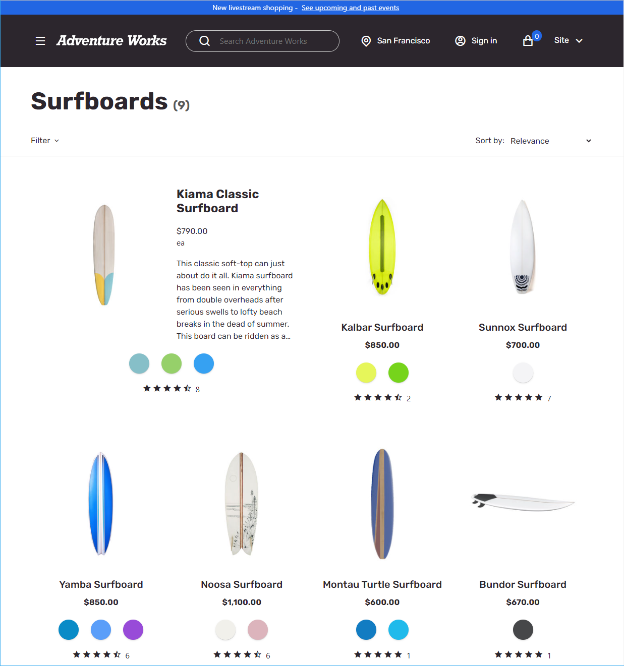 Skærmbillede af en listeside, der bruger temaet Adventure Works.