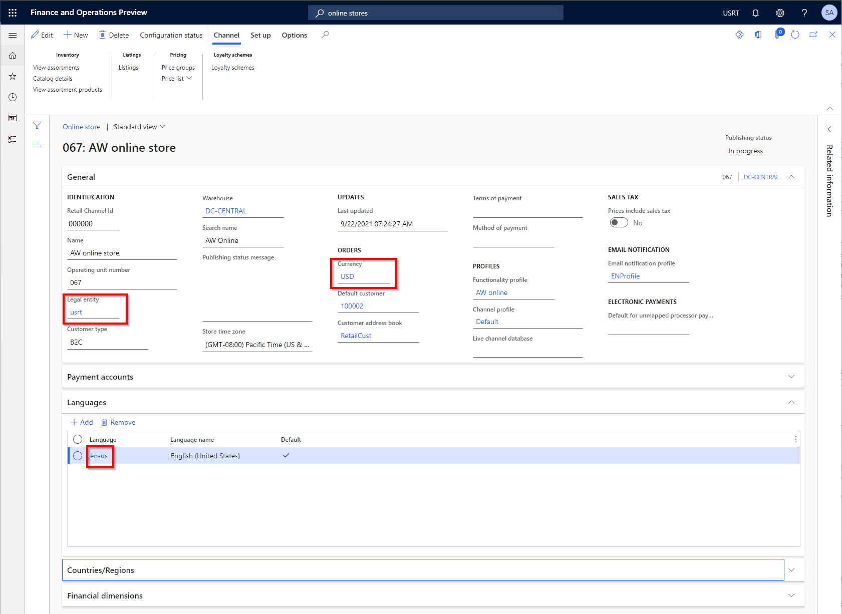 Værdier for juridisk enhed, valuta og sprog til Adventure Works-onlinebutikken fremhævet i Commerce headquarters.