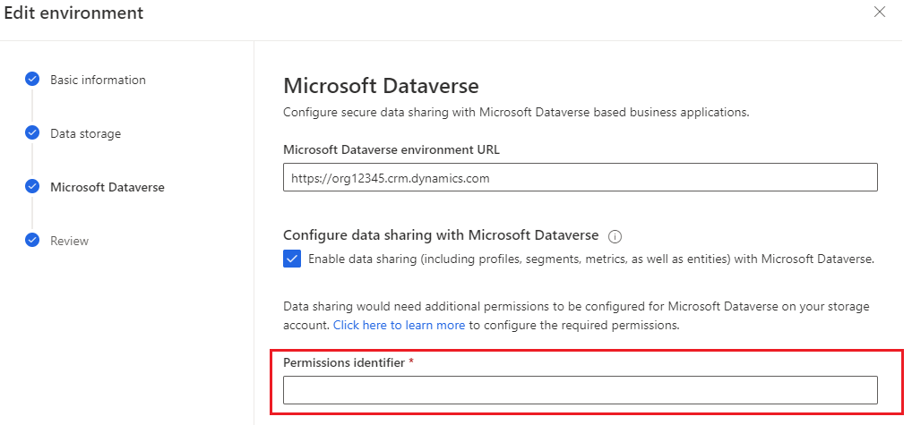 Konfigurationsindstillinger, der gør det muligt at dele data direkte fra dit eget Azure Data Lake Storage med Microsoft Dataverse.