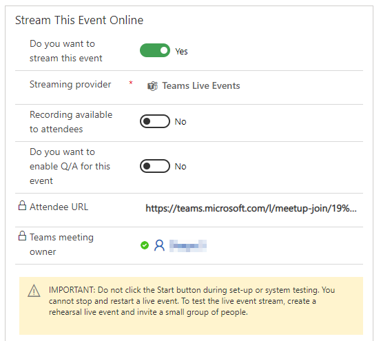 Indstillinger for live Teams-arrangementer.