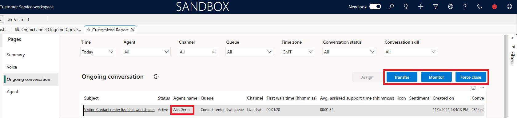 Skærmbillede, der viser de handlinger, der aktiveres, når der er aktiveret et navn på en helpdesk-medarbejder.
