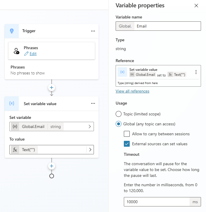 Skærmbilledet af en kontekstvariabel i et emne i Copilot Studio.