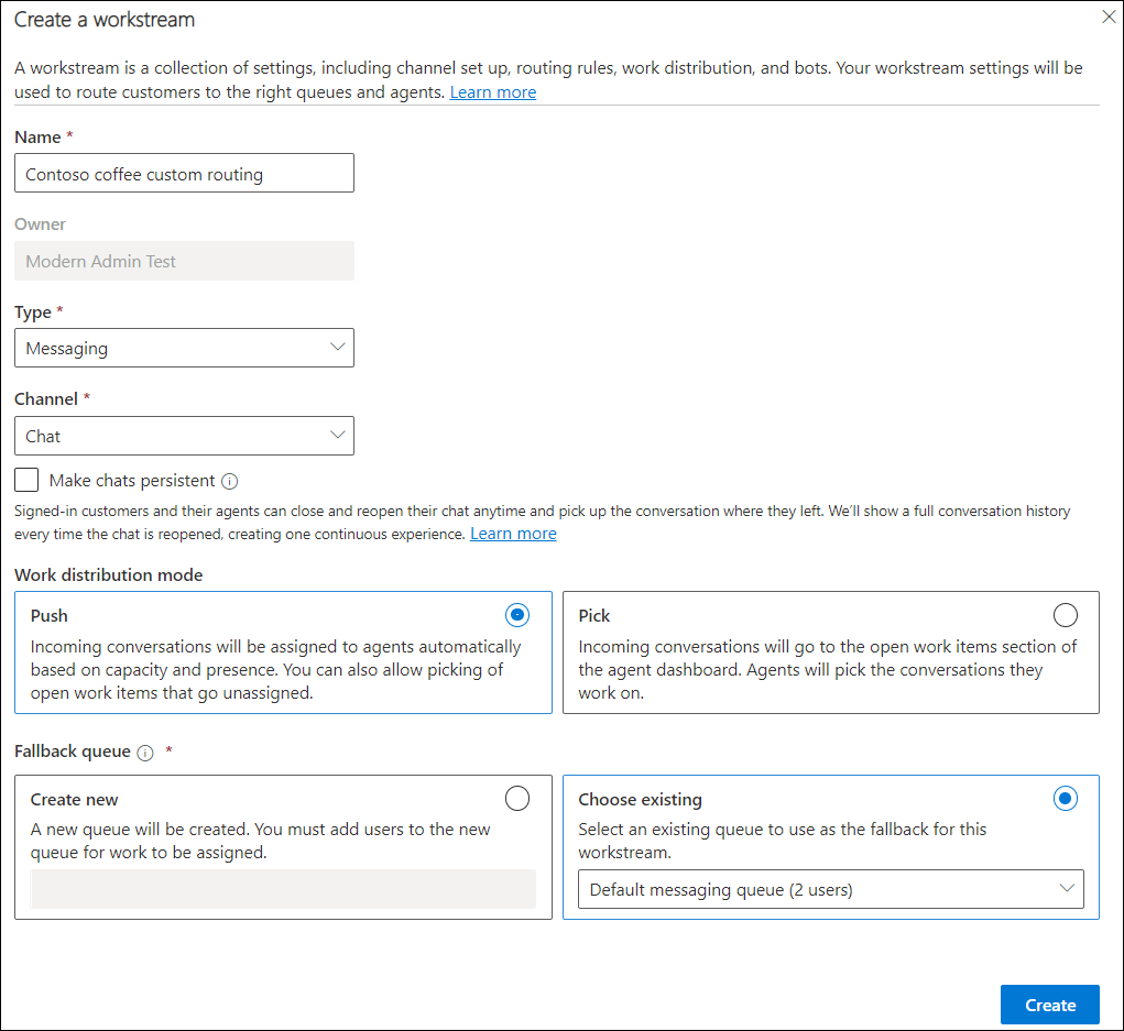 Indstillinger for oprettelse af workstream til live chat.