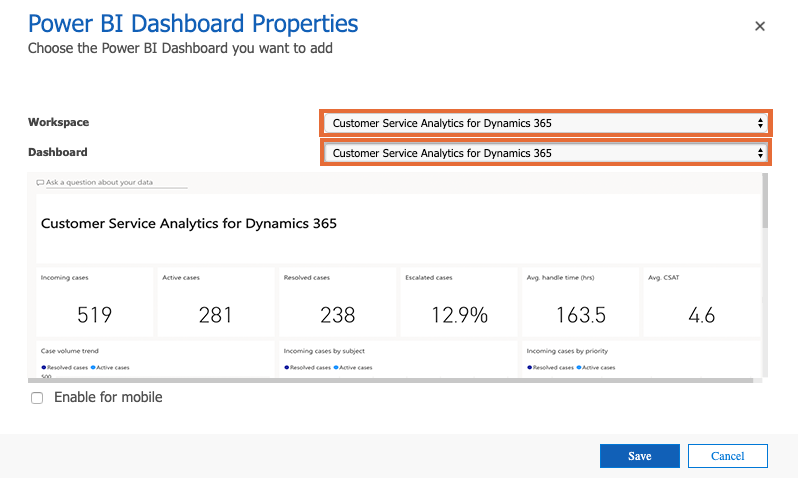 Egenskaber for Power BI-dashboard.