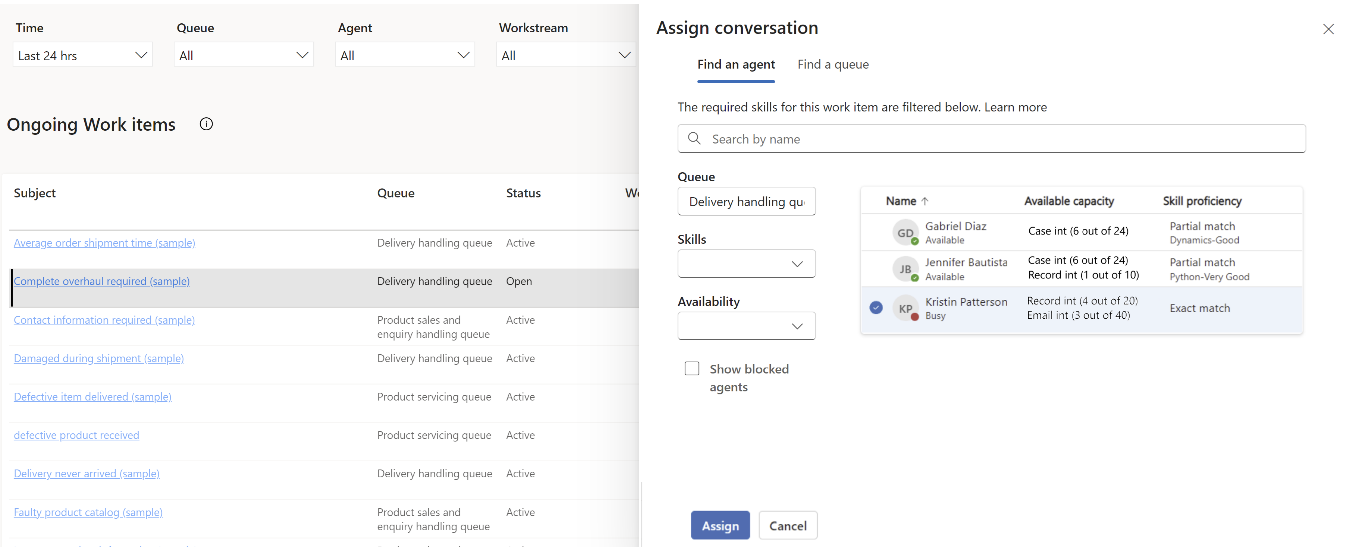 Skærmbillede af samtalerapporten for igangværende arbejdselementer.