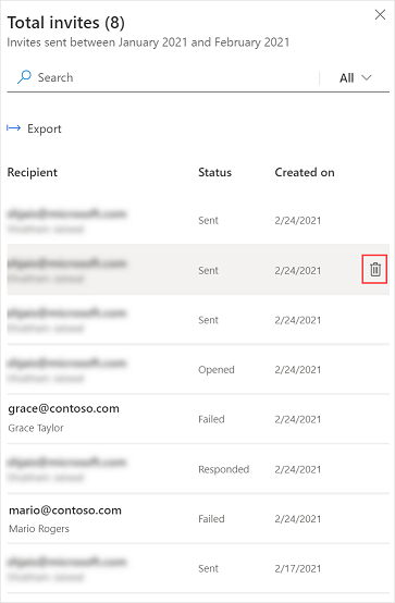 Slette en undersøgelsesinvitation fra panelet for invitationsdetaljer Skærmbillede, der viser kommandoen Slet (papirkurvsikon) i et panel med oplysninger om en invitation.