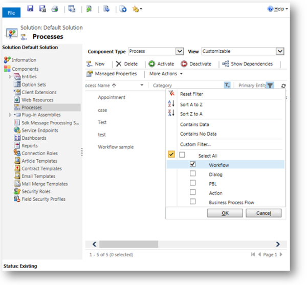 Processer, der filtreres efter arbejdsproces i Dynamics 365 for Customer Engagement.