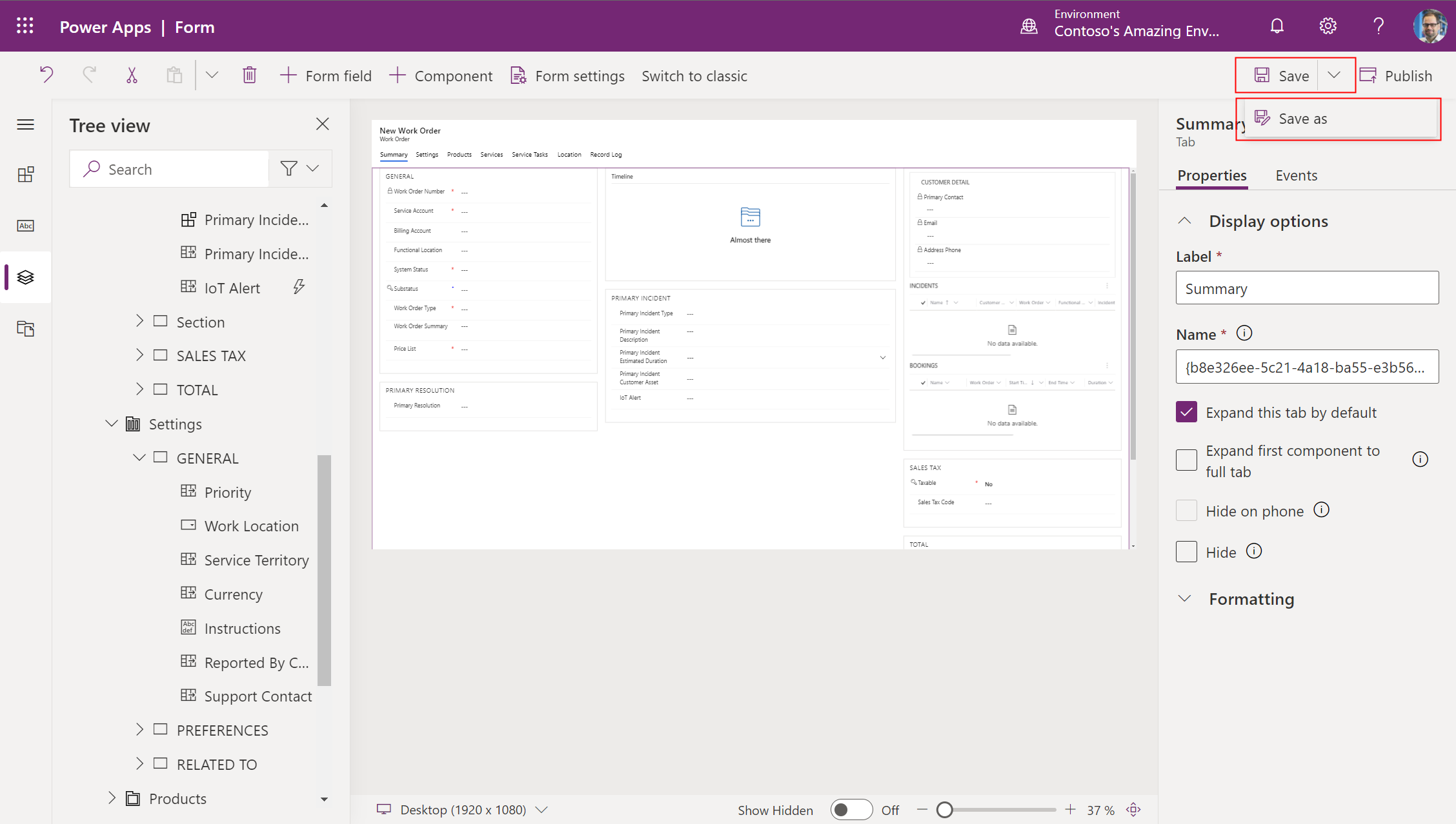Power Apps viser indstillingerne