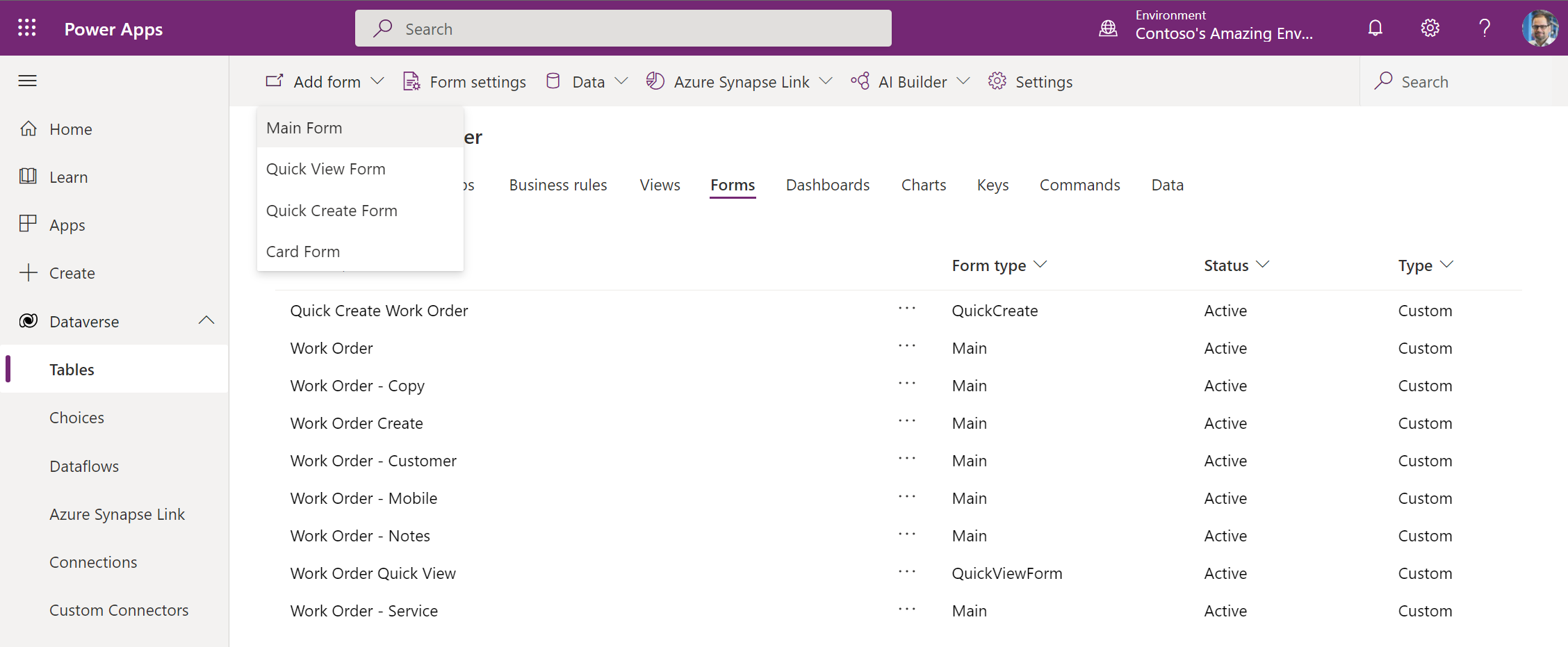 Power Apps viser listen over formularer og rullelisten