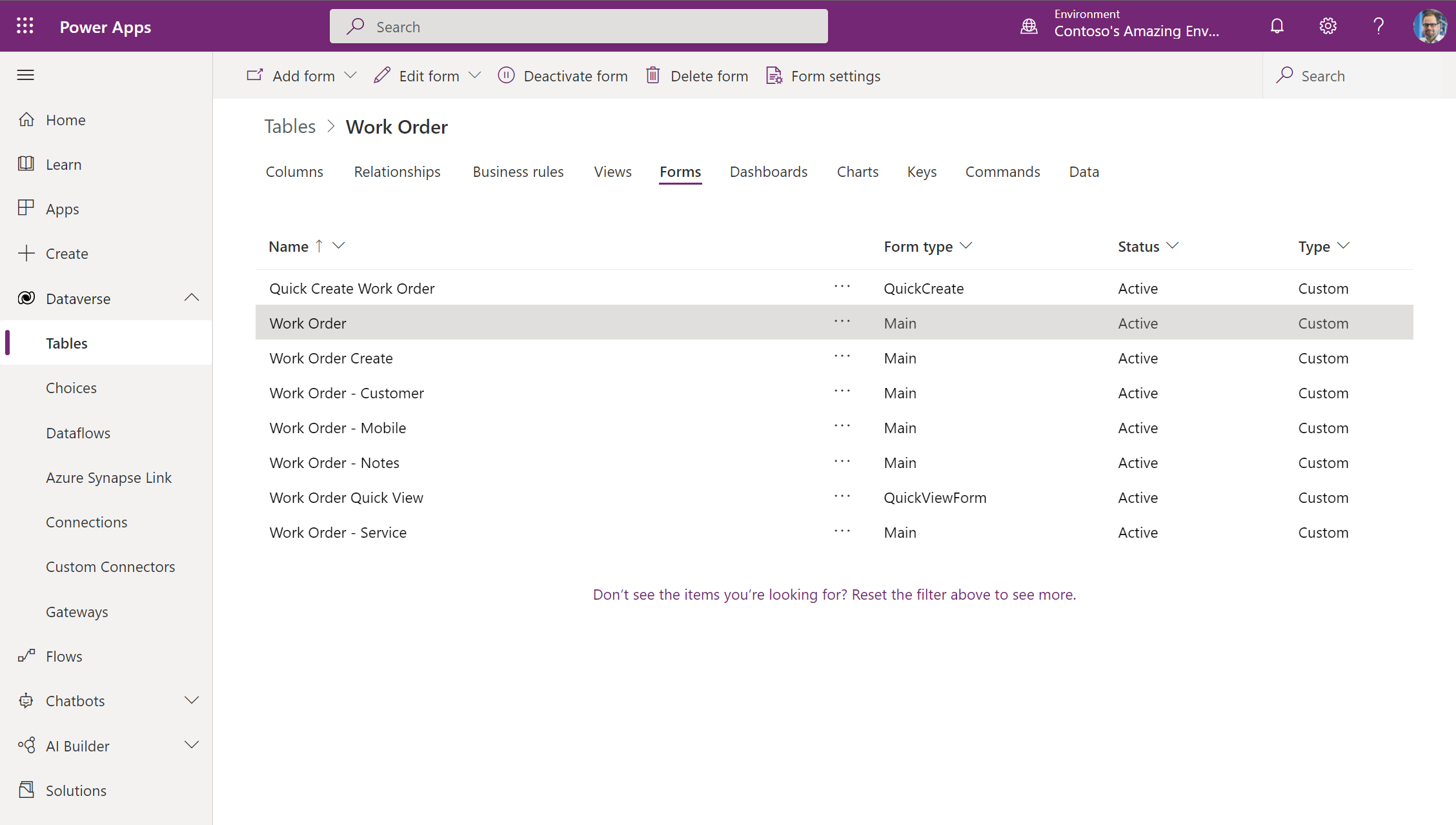 Power Apps viser den overordnede arbejdsordreformular.