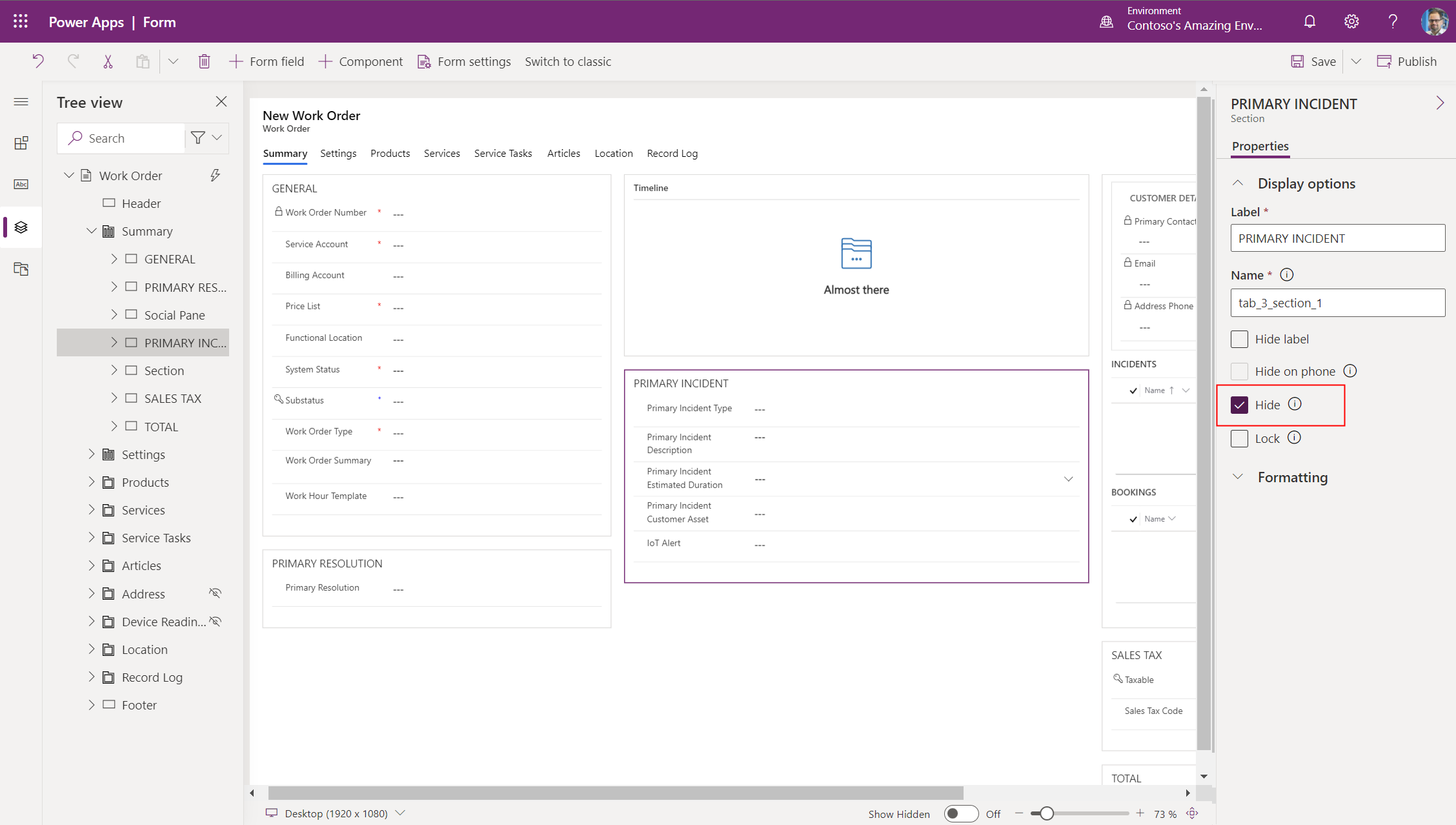 Power Apps viser redigeringen af arbejdsordreformularen for sektioner.