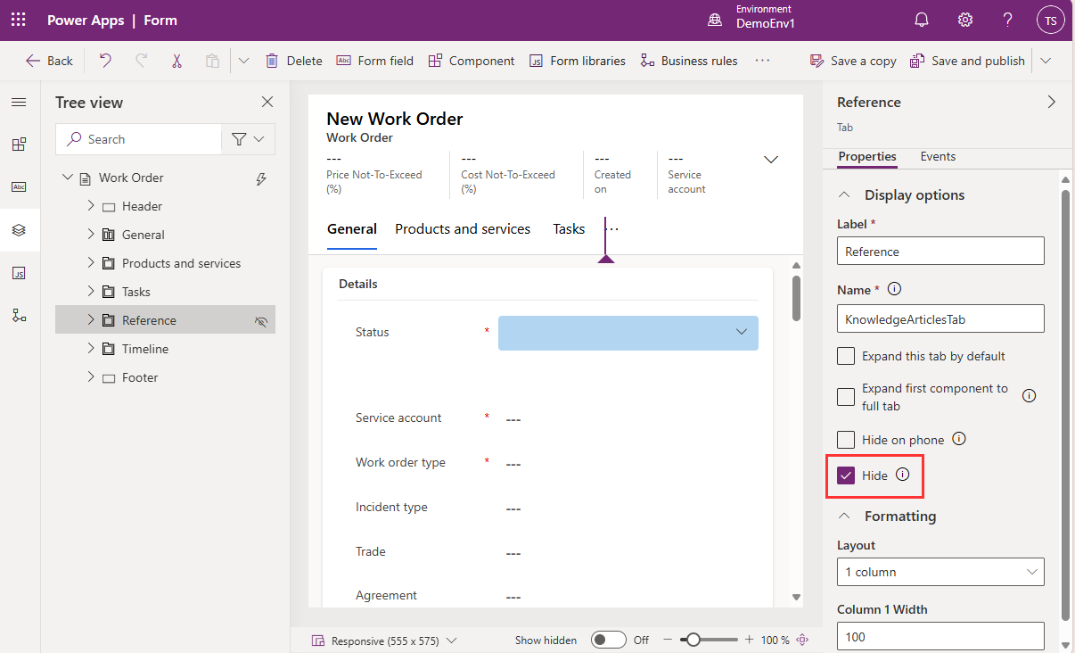 Power Apps viser skjulte indstillinger for faner.