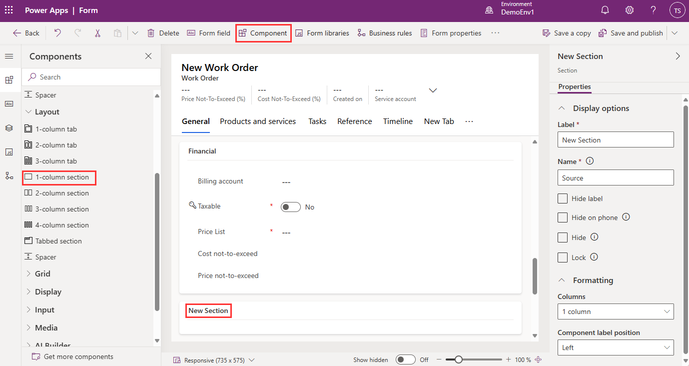 Power Apps arbejdsordreformular-editor, der viser den nye sektion.