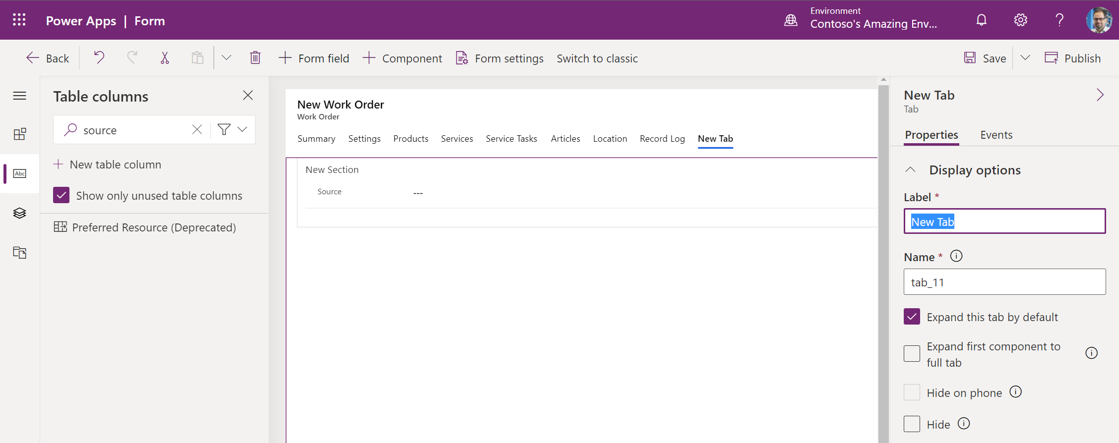 Power Apps viser den nye faneeditor og de nye egenskaber.