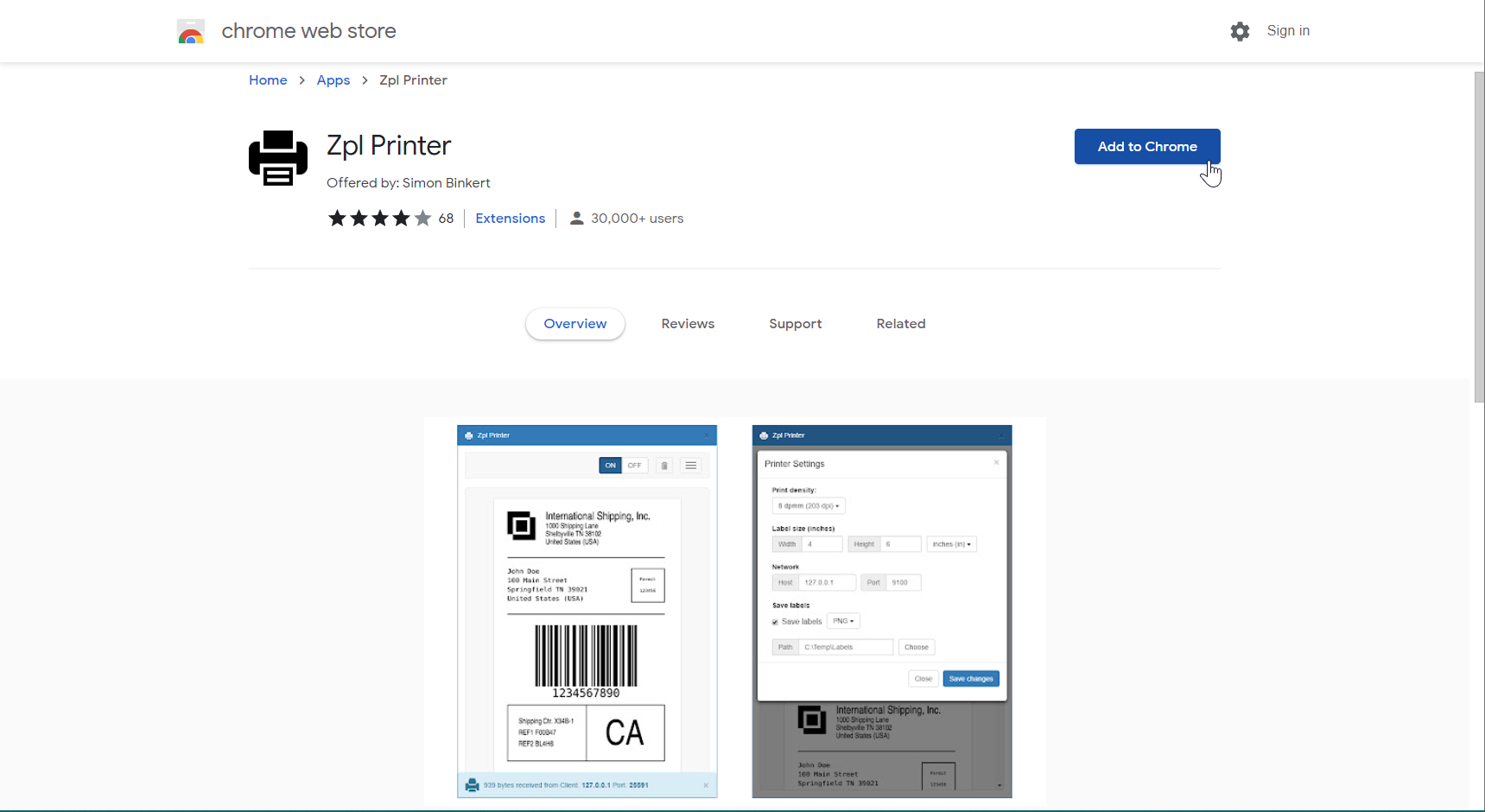 Tilføjelse af printeremulatorprogrammet til Chrome-webbrowseren fra Chrome-webbutikken.