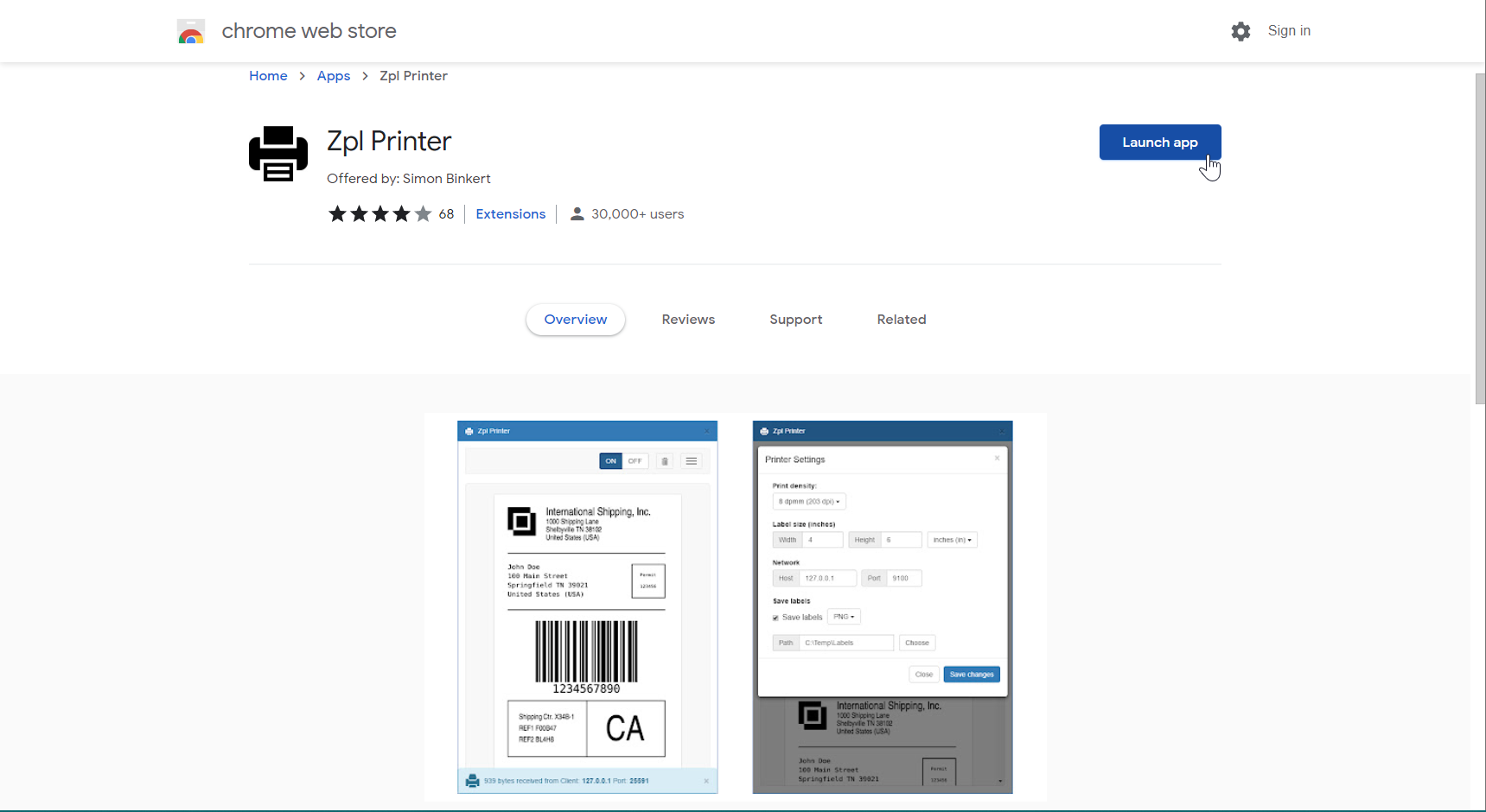 Kørsel af printeremulatorprogrammet fra Chrome-webbrowseren.