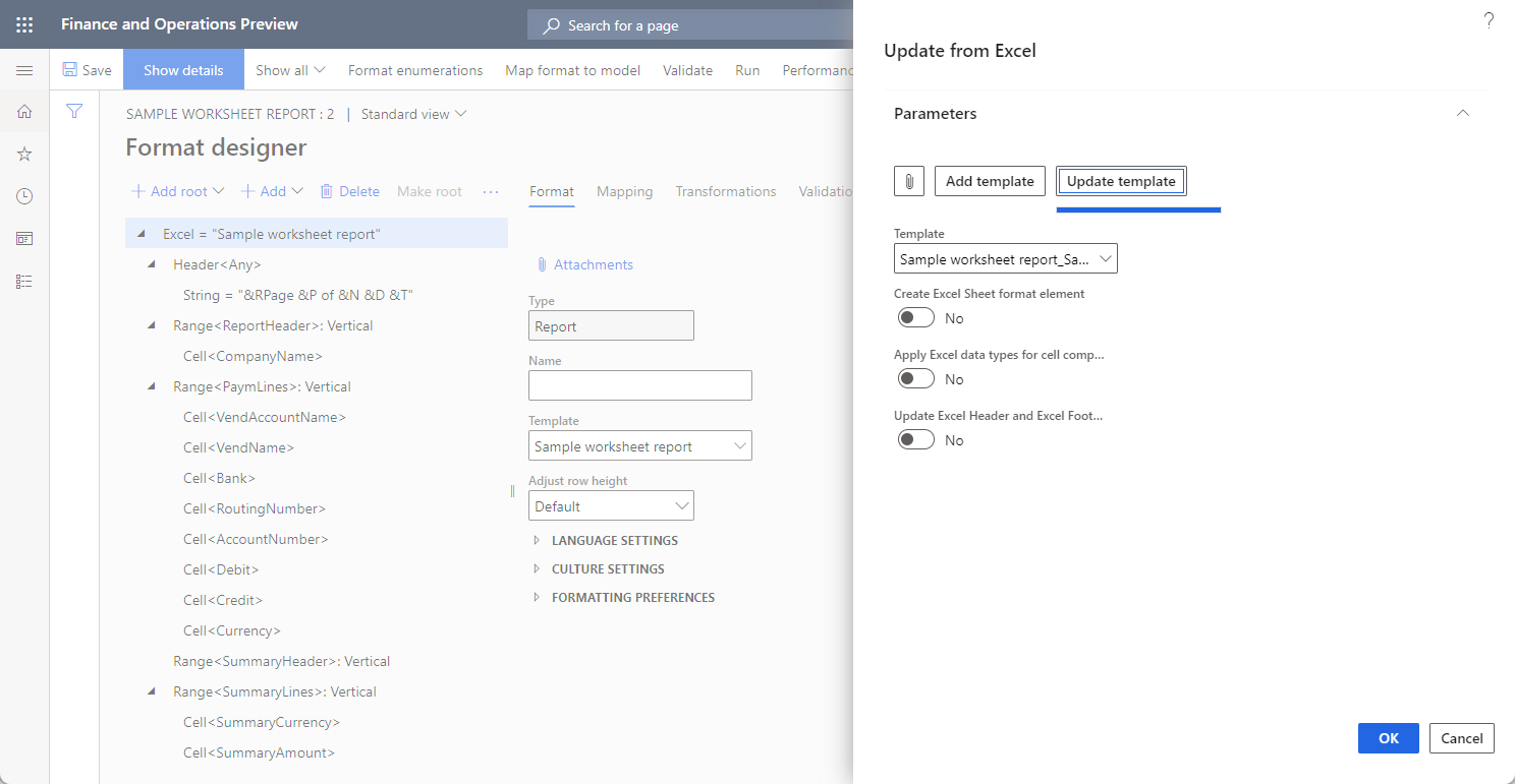 Indstillingen Opdater formatelementer til Excel-sidehoved og Excel-sidefod i dialogboksen Opdater fra Excel.