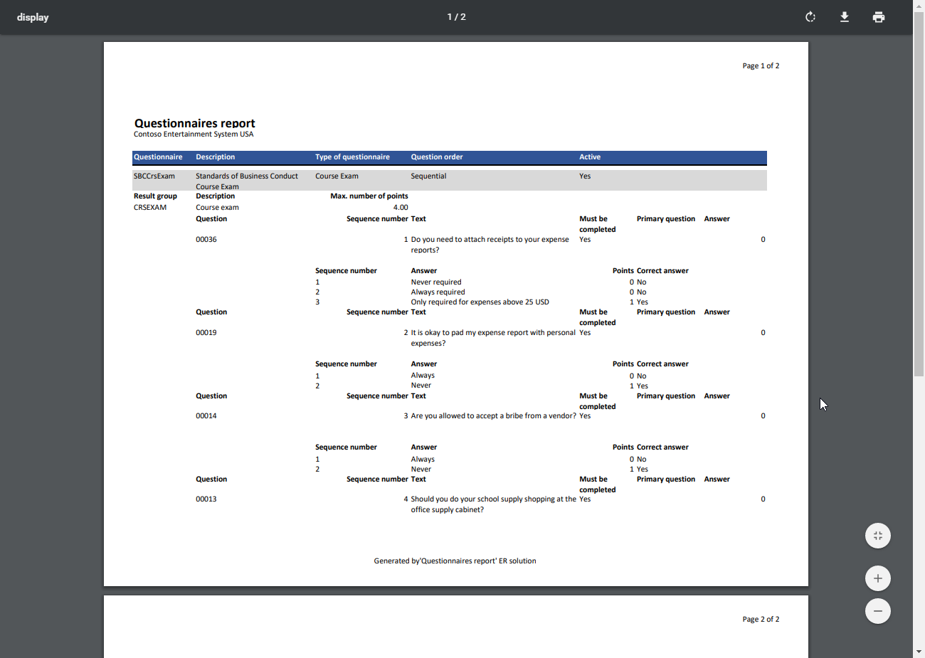 Eksempel på skærmen af den oprettede rapport i PDF-format.