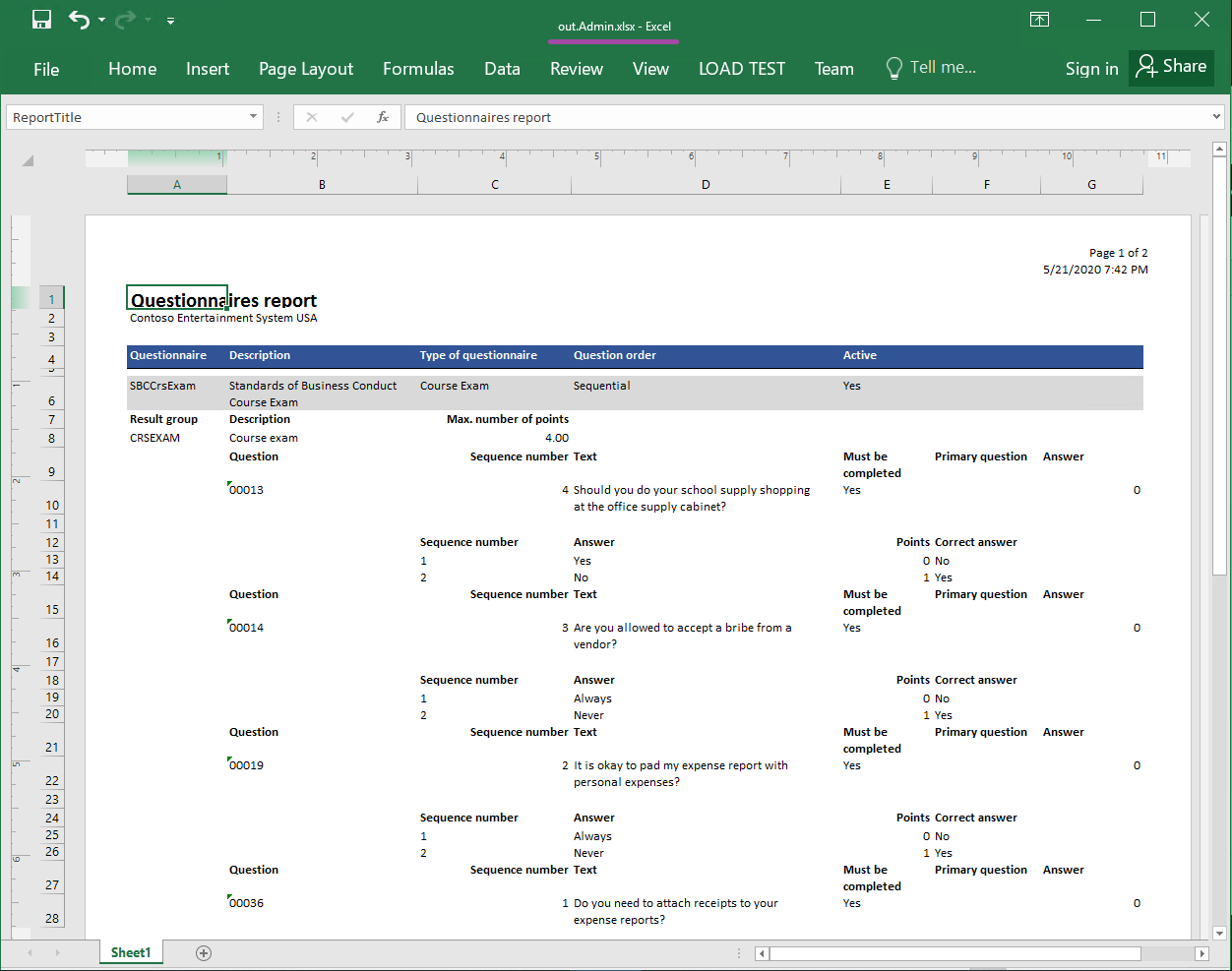 Eksempel på en oprettet rapport i Excel-format, side 1.