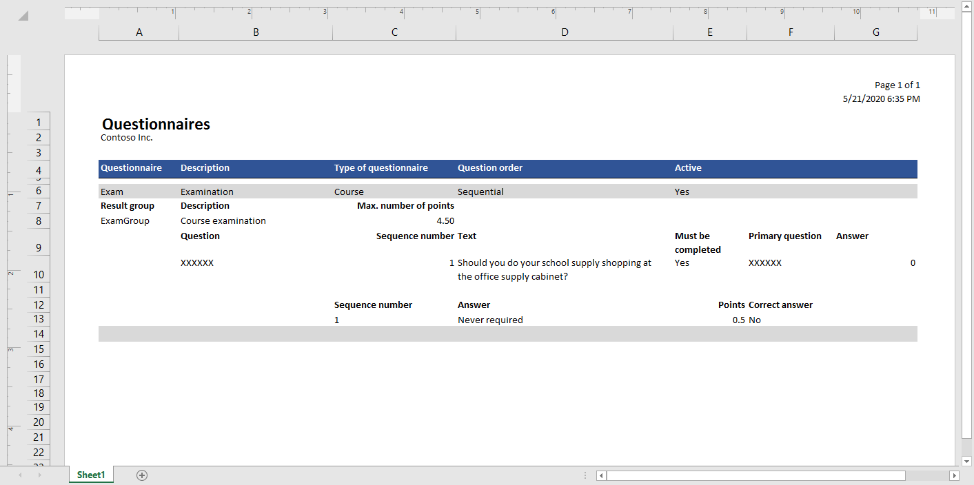 Excel-skabelon til udskrivning af angivne spørgeskemaer.
