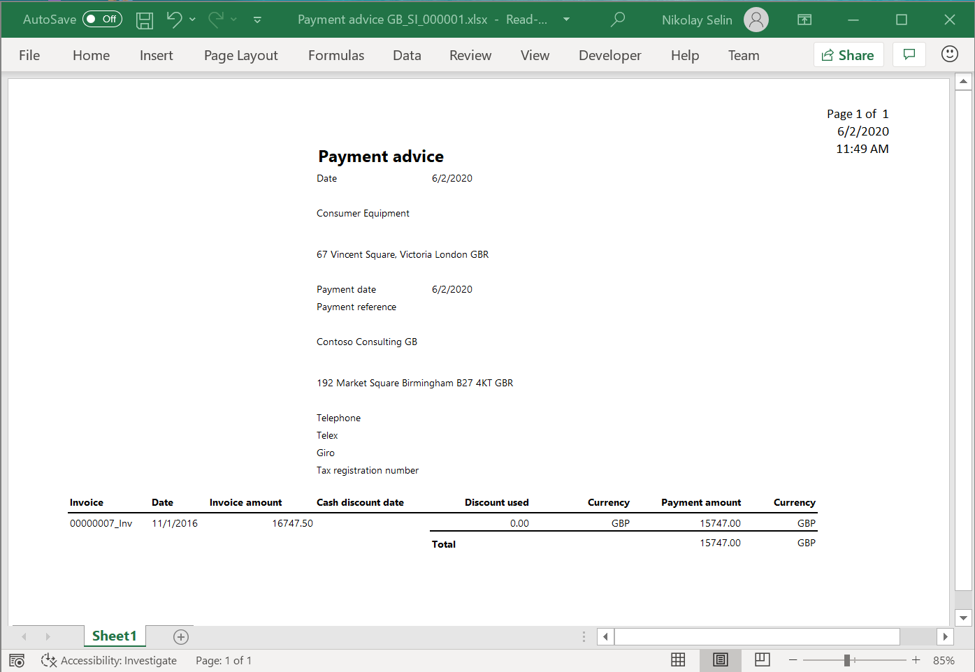 Betalingsadviseringsrapport i Excel-format.