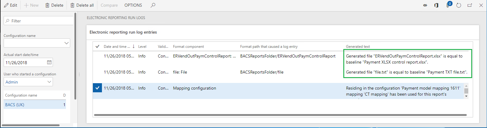 Posteringer på siden Kørselslogge for elektronisk rapportering.
