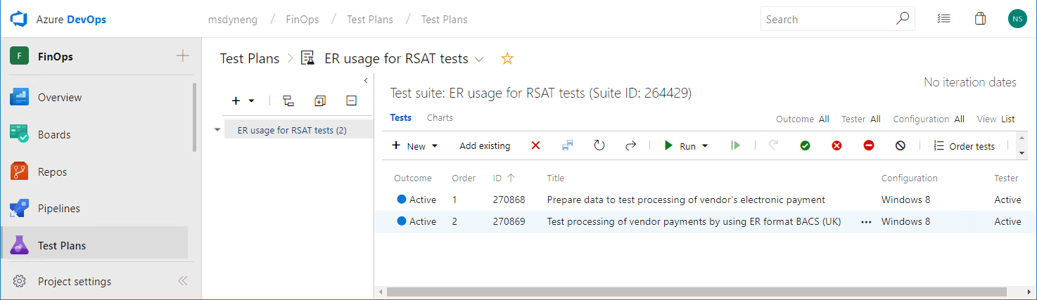 Resultater af udførelse af test i Azure DevOps.