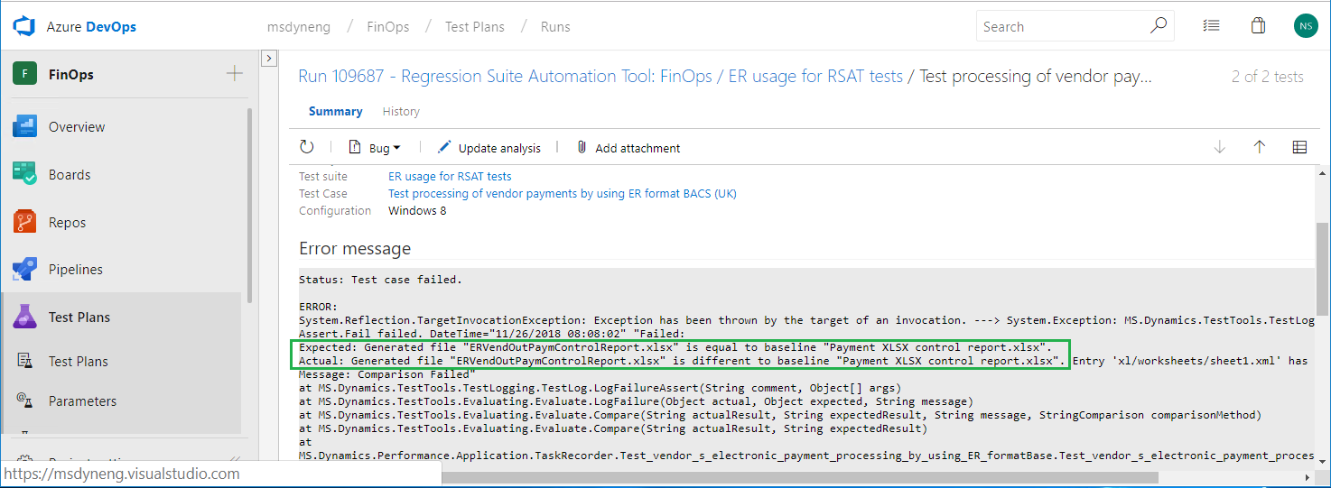 Udførelseslogfil for analysefejl i Azure DevOps.