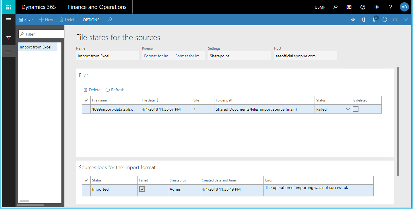 ER-filtilstandsside for de valgte kilder.